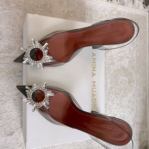 Amina Muaddi Silver Heels with Crystal Embellishments